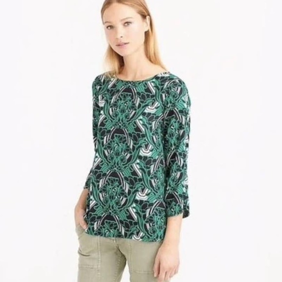 J. Crew  Retro Floral Black And Green Popover Top Size 6 (NWOT) - Picture 1 of 12